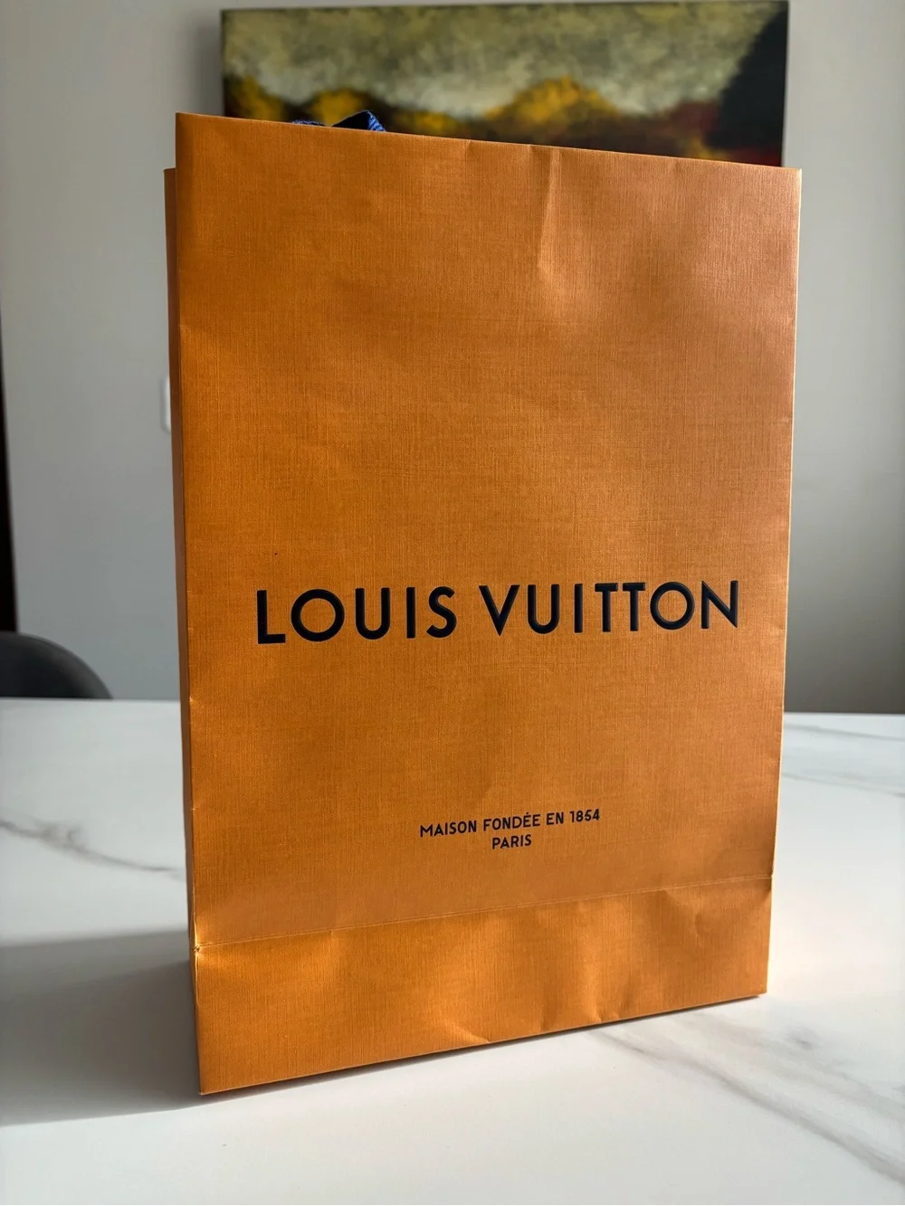 Louis Vuitton Orange Paper Shopping Bag with Blue Rope Handles 10x14 inch